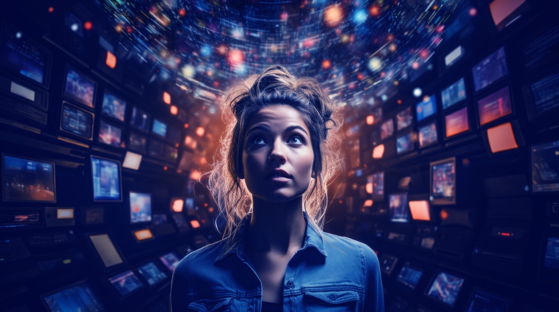 Eine Person mit erstauntem Gesichtsausdruck ist kreisförmig von mehreren digitalen Bildschirmen umgeben, was digitalen Medienkonsum und technologische Immersion darstellt.